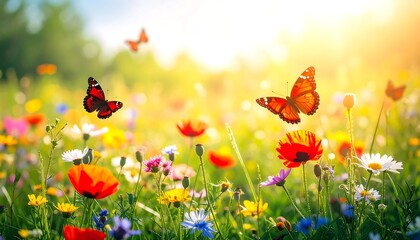 Vibrant field of wildflowers bathed in sunlight with butterflies