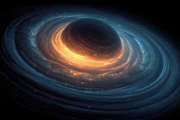 An abstract rendering of a black hole surrounded by a swirling accretion disk of glowing plasma, showcasing cosmic beauty and scientific phenomenon, in deep space.