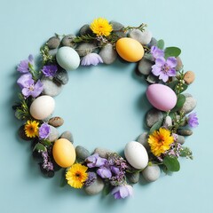 Easter egg wreath diy craft ideas with flowers and stones for spring holiday decoration tutorial