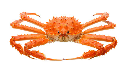 A vibrant red King Crab with spiky shell is isolated on a transparent background. This large marine animal displayed clearly, a clean PNG image.
