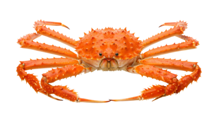 A vibrant red King Crab with spiky shell is isolated on a transparent background. This large marine animal displayed clearly, a clean PNG image.