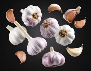 Fresh garlic bulbs and cloves in mid-air against black