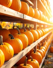 Rows of orange gourds sit on wooden shelves under bright sunlight