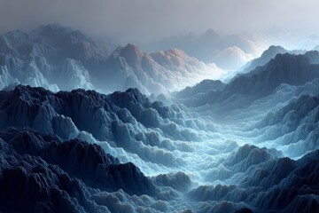A mesmerizing vista of undulating mountains shrouded in a soft, ethereal mist, creating a dreamy and otherworldly landscape, with subtle hints of light breaking through.