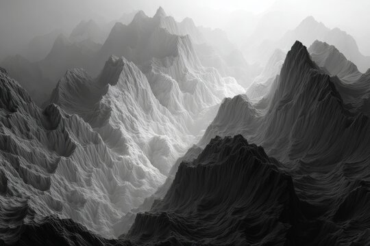 A monochromatic landscape of majestic mountains shrouded in a hazy mist, presenting a dramatic and surreal vista with jagged peaks and undulating terrain.