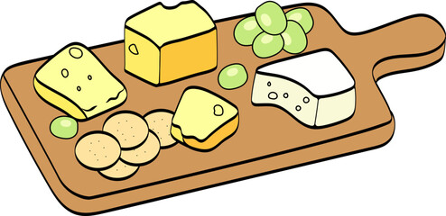 Cheese and grapes on a wooden board.