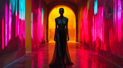 Elegant model walks confidently down a colorful corridor in a striking dress during a fashion showcase at an art venue