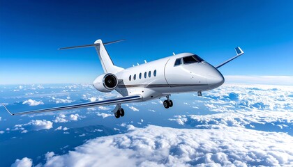 Obraz premium Sleek, white aircraft soaring high above a sea of fluffy clouds