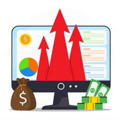 Financial analytics concept showing profit growth, rising statistics, and economic success with money, computer screen, and upward arrows symbolizing business improvement.
