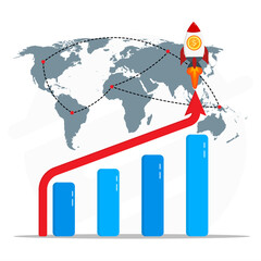Global business growth with rocket launch, rising bar chart, and world map showing economic progress, innovation, and financial success.