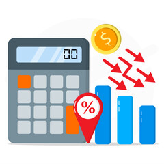 Financial decline with showing calculator, percentage sign, falling bar chart, red arrows, and dollar coin. Symbolizing economic loss and market downturn.