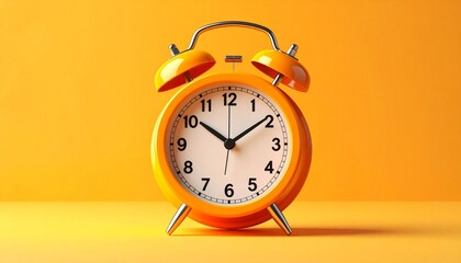 Bright orange analog alarm clock with twin bells and white face showing 10:10 on monochromatic orange background for editorial time punctuality retro design and lifestyle-themed visuals