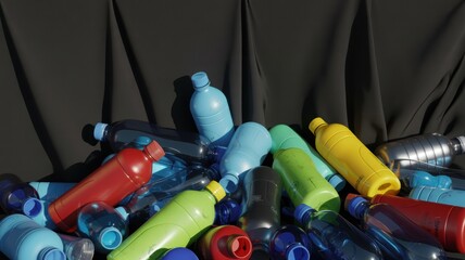 Colorful Plastic Bottles Scattered on Black - No Faces, Text