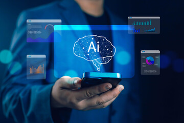 Businessman using smartphone with AI brain hologram, concept of artificial intelligence, big data analytics, digital innovation, smart technology, and futuristic business solution.