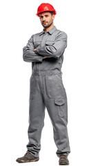 Worker in grey jumpsuit and red hard hat stands confidently with arms crossed, exuding pride and professionalism. attire suggests readiness for industrial or construction tasks