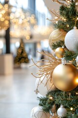 Elegant golden christmas decorations in modern shopping mall with escalator