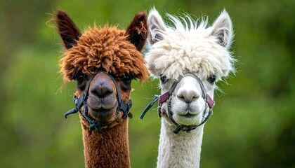 Obraz premium Two fluffy alpacas, one brown, the other white, posing for the camera