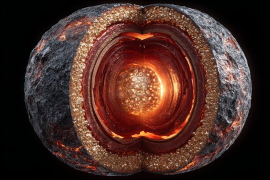A detailed cross-section of a planet with a molten core, showcasing geological layers and intense heat and energy radiating outward into the surrounding space.