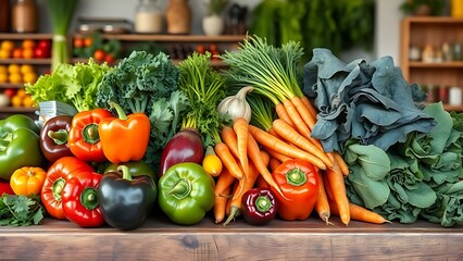 A colorful display of fresh organic vegetables arranged artistically on a rustic market counter.