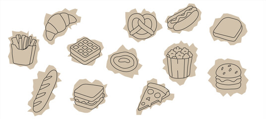 Hand-drawn fast food scrapbook sticker set — doodle snack and street food illustrations for journals, collages, menu design, packaging, stickers, social media posts, and creative scrapbook projects.