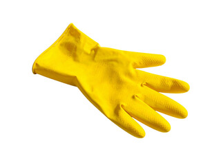 Yellow rubber cleaning glove isolated, protection for hands during household chores, durable waterproof material, bright color, essential for kitchen or bathroom tasks.
