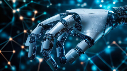 Robotic hand interacting with digital connections in a futuristic setting