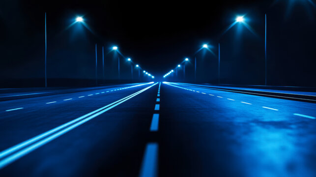 Bright blue street lights illuminate an empty road at night in a tranquil urban area