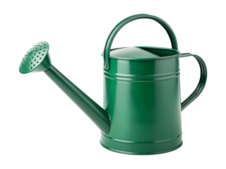 A vibrant green metal watering can stands upright, perfect for nurturing garden plants, isolated with a transparent png background.