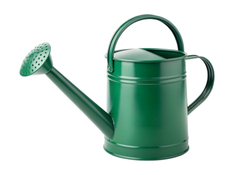 A vibrant green metal watering can stands upright, perfect for nurturing garden plants, isolated with a transparent png background.