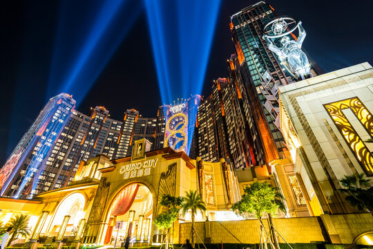 Macau- September 25, 2019: Beautiful night view of Studio City is a hotel casino resort on the Cotai Strip in Macau, China, a Hollywood studio-themed leisure resort.