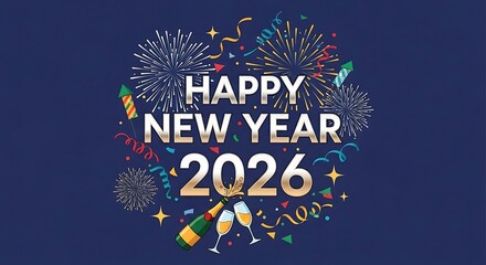 Happy new year 2026 celebration with fireworks and champagne