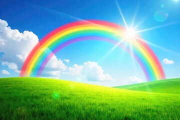 A vibrant rainbow arcing over a lush green field, sun shining brightly, conveying universal joy and contentment , amazing, lovely, clouds