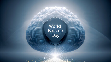 Minimalist conceptual image for World Backup Day: A radiant data cloud with intricate fractal patterns, subtly protected by a hovering shield icon. Glowing data streams into the secure sphere against 
