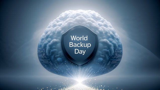 Minimalist conceptual image for World Backup Day: A radiant data cloud with intricate fractal patterns, subtly protected by a hovering shield icon. Glowing data streams into the secure sphere against 