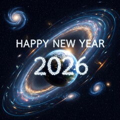 Happy new year 2026 wishes with a stunning earth and galaxy background