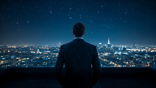 From behind, a businessman in a dark suit stands, on a modern rooftop, gazing out at a sprawling night cityscape panorama. His contemplative, authoritative stance evokes strategic thinking, leadership