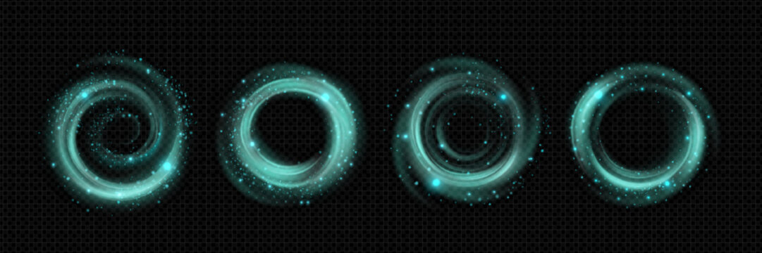 Magical wind effects with swirl patterns, vortex shapes and sparkle particles for fantasy design. Turquoise energy rings on black transparent background. Portal circles and cosmic dust for games.