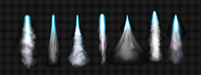 Naklejka na ściany i meble Jet rocket fire streams with blue flames and white smoke for propulsion effects. Spaceship exhaust trails or turbo boost elements on transparent background. Engine thrust visual assets collection.