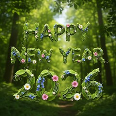 Happy new year 2026 text art crafted from lush green leaves and delicate flowers