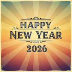 Retro style happy new year 2026 greeting with sunburst background
