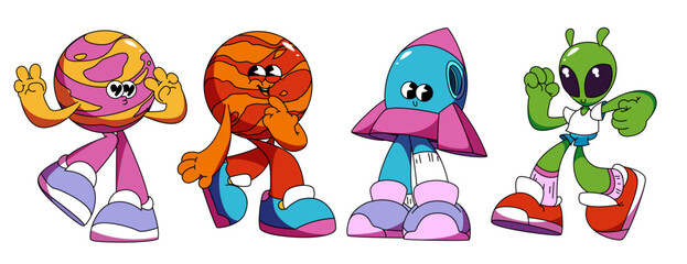 Planet groovy characters with Jupiter and Mars, rocket and alien mascots for retro cartoon illustration. Colorful cosmic friends with peace signs, sneakers and funky poses. Psychedelic space set. © klyaksun