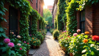 Sun-dappled brick alleyway overgrown with lush ivy and vibrant wildflowers, creating a secret garden feel A sense of quiet peace and hidden beauty prevails in this urban oasis , grunge, leaves