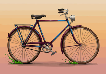 Vintage Bicycle Illustration with Purple Frame and Retro Design Elements.