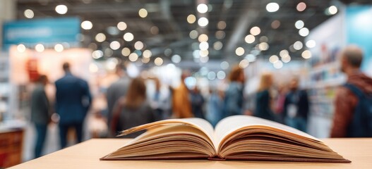 Open Book on a Table at a Crowded Book Fair or Exhibition.