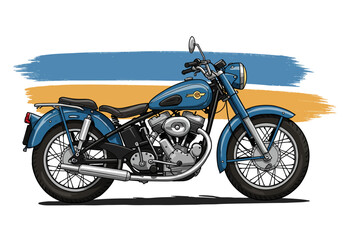 Classic Blue Motorcycle Illustration with Detailed Engine and Vintage Design.