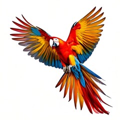 Obraz premium A vibrant macaw, wings spread, in mid-flight against white background