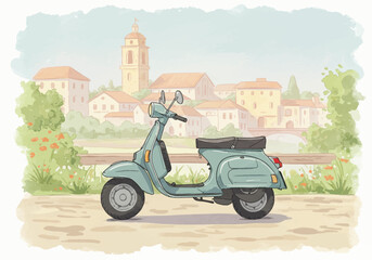 Vintage Blue Scooter Illustration with Italian Town Background.