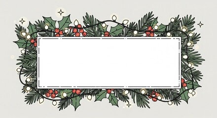 Decorative Rectangular Christmas Frame with Holly Berries and Twinkling String Lights