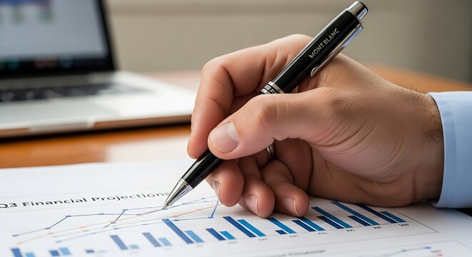 Analyzing quarterly financial projections for business growth with a Montblanc pen in a modern office, creating success with strategic planning