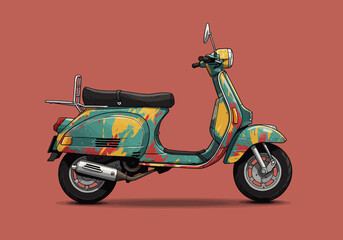 Colorful Vintage Scooter Illustration with Teal Yellow and Red Splatter Paint Design.